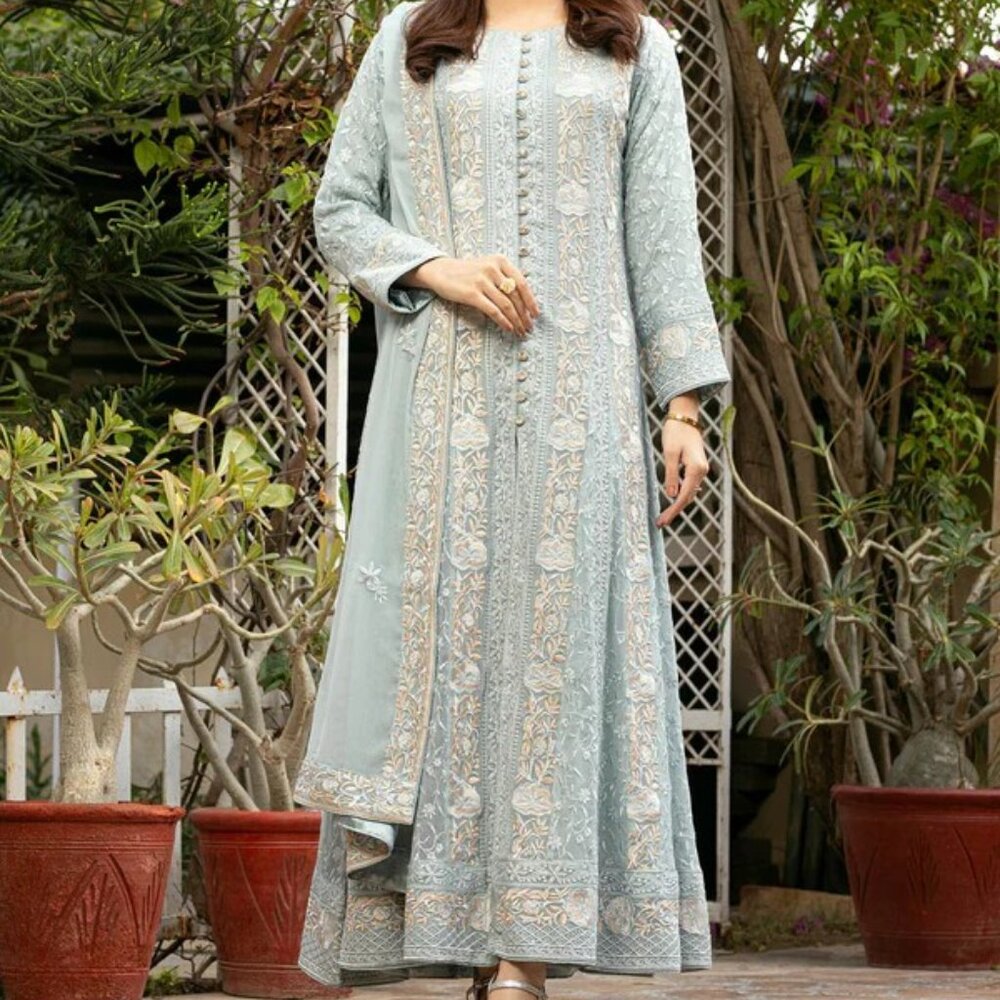 Maxi Light Blue Pishwas - Eastern Ready to Wear Salwar Kameez - Medium